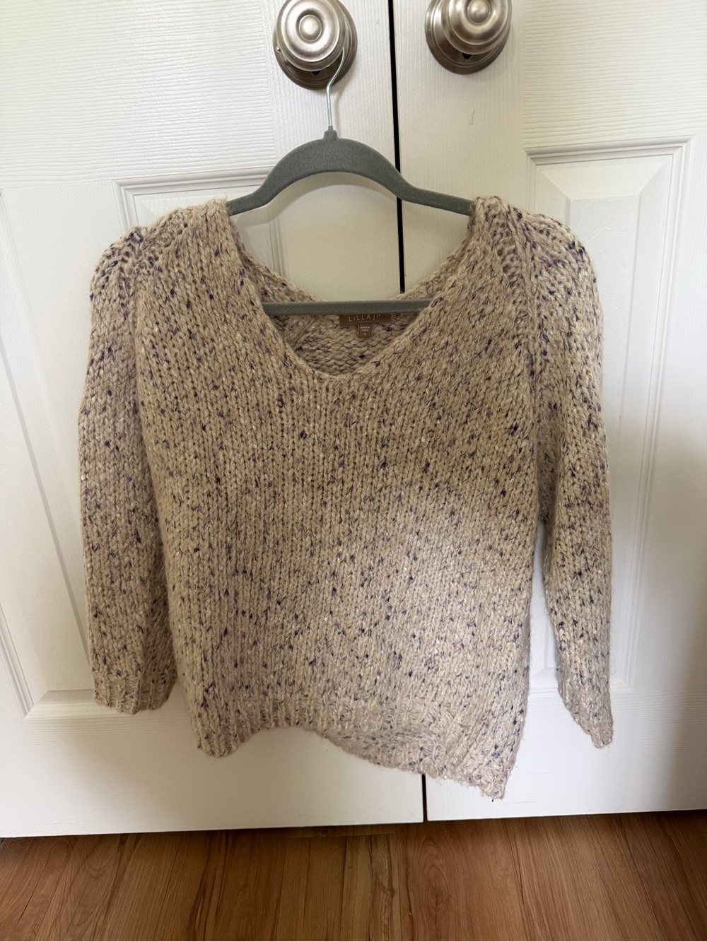 Lilla P Beige Speckled V-Neck Sweater with Purple Flecks